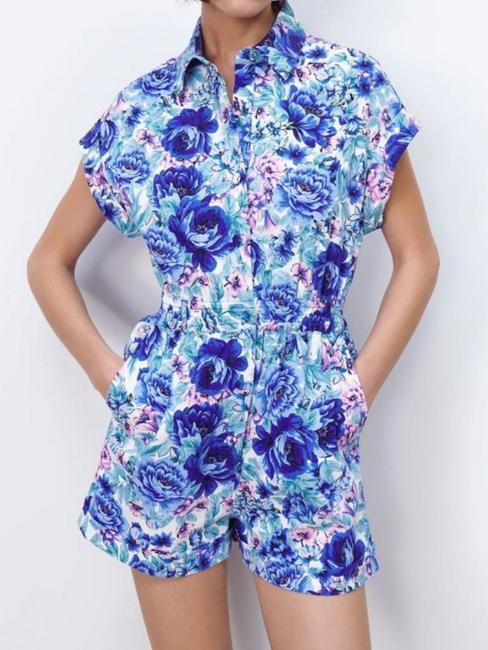 ZARA Blue Floral Print Collared Romper Cotton Jumpsuit Pockets EUC Size Small